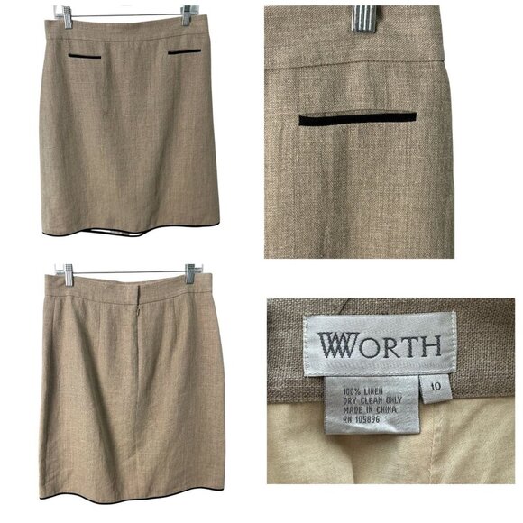 WORTH 100% Linen Tan Skirt Set Long Blazer Jacket w Pencil Skirt Women's M/10 - Picture 8 of 9